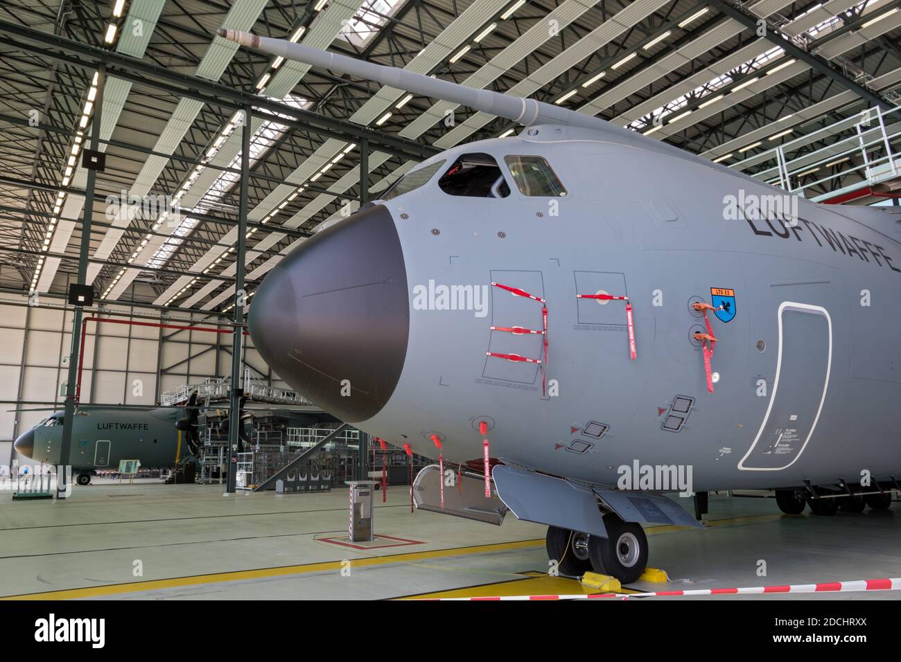 German Air Force Luftwaffe Airbus A400M military transport planes in a hangar at it`s homebase Wunstorf airbase. Germany - Jun 9, 2018 Stock Photo